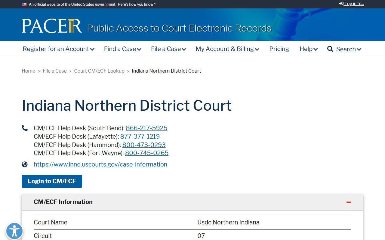 Porter County Clerk of the Courts federal district PACER record channel