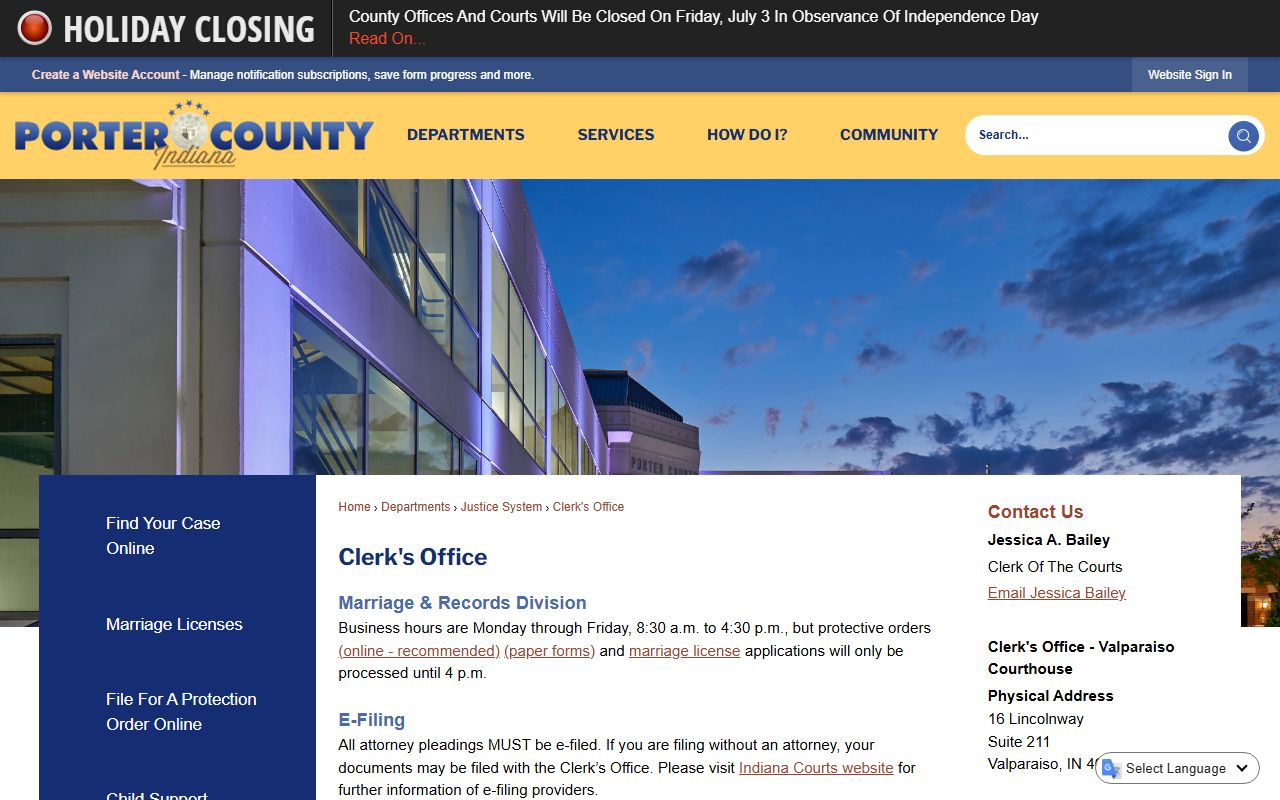 Porter County Clerk of the Courts official office page