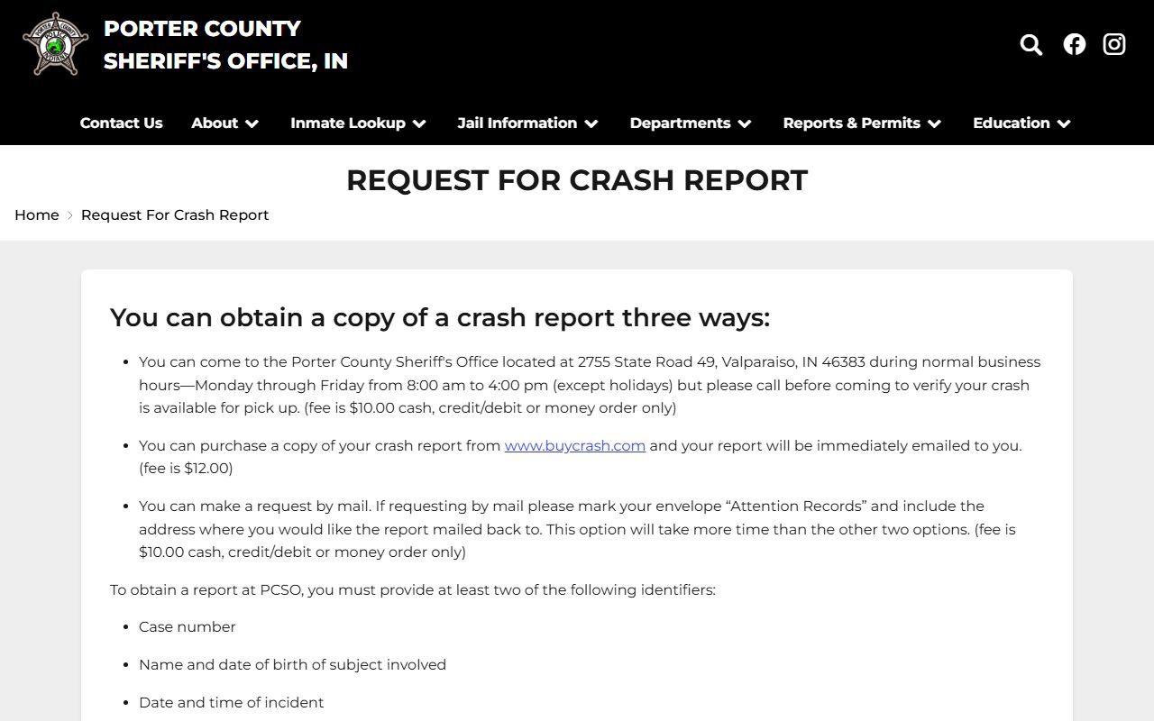 Porter County arrest records and court charges Sheriff crash report request