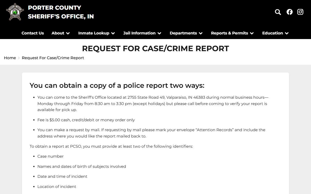 Porter County arrest records and court charges Sheriff case report request