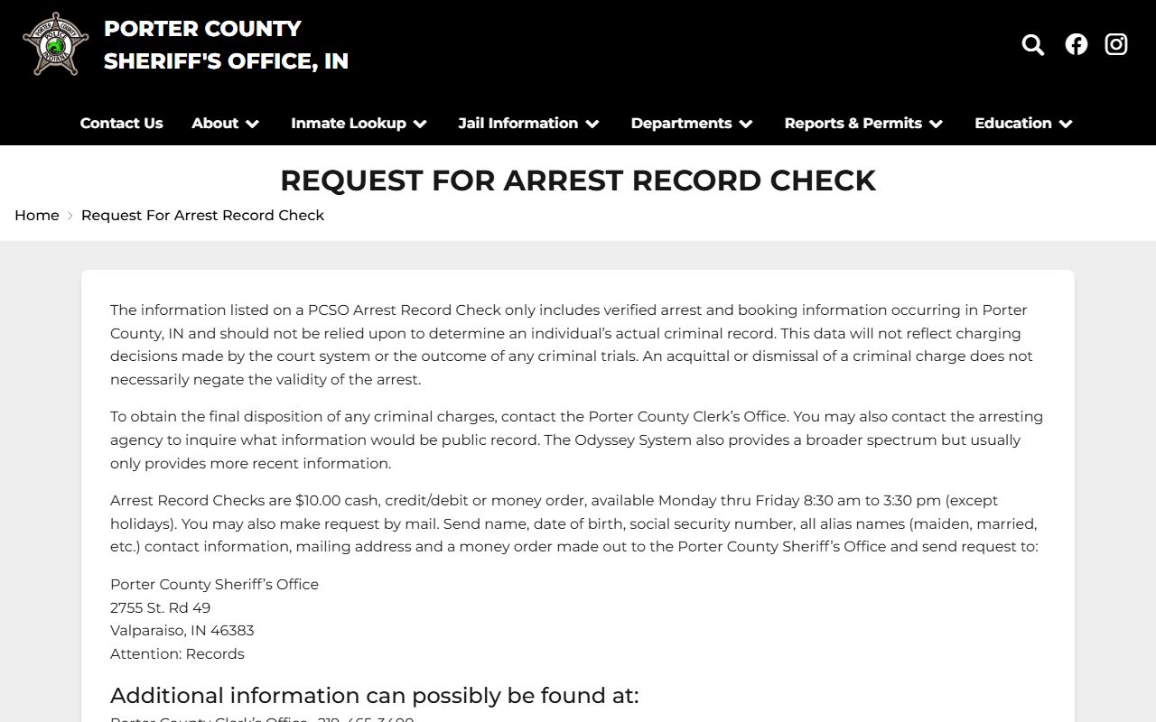 Porter County arrest records Sheriff arrest record check request