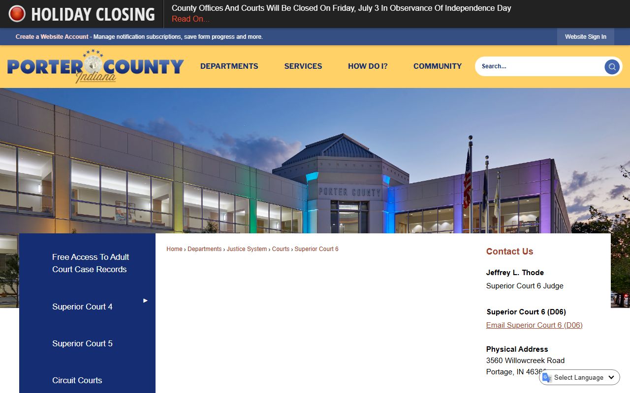 Porter County court dockets Superior Court 6 Portage