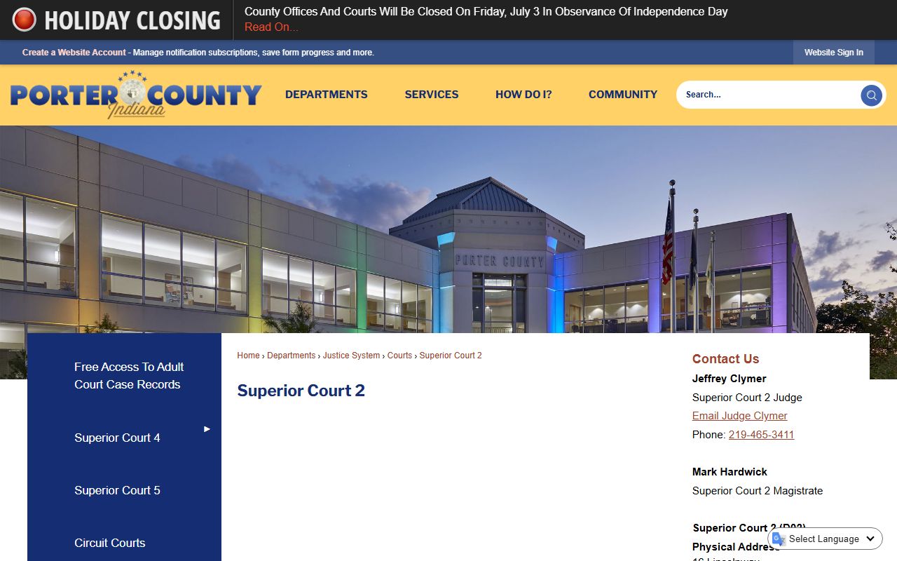 Porter County court dockets Superior Court 2