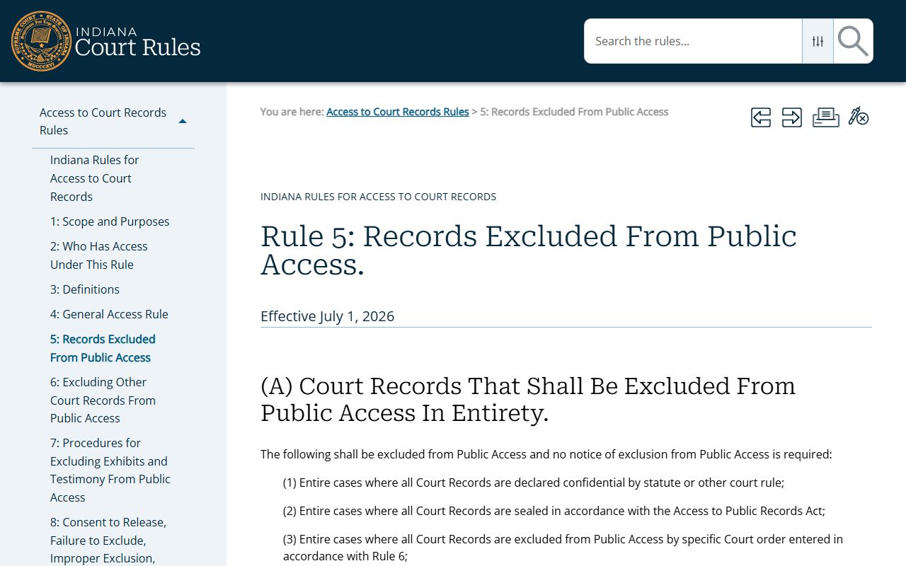 Porter County court records Indiana Rule 5 access exclusions