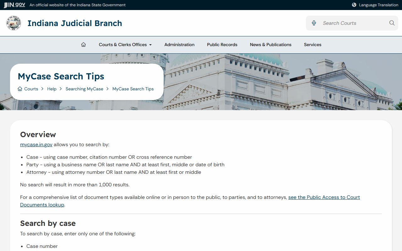Porter County court records MyCase search tips