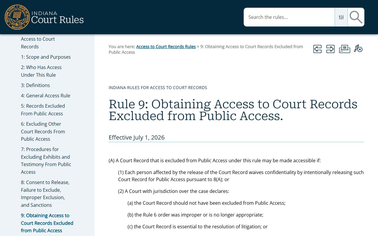 Porter County criminal court records Indiana Rule 9 access request page