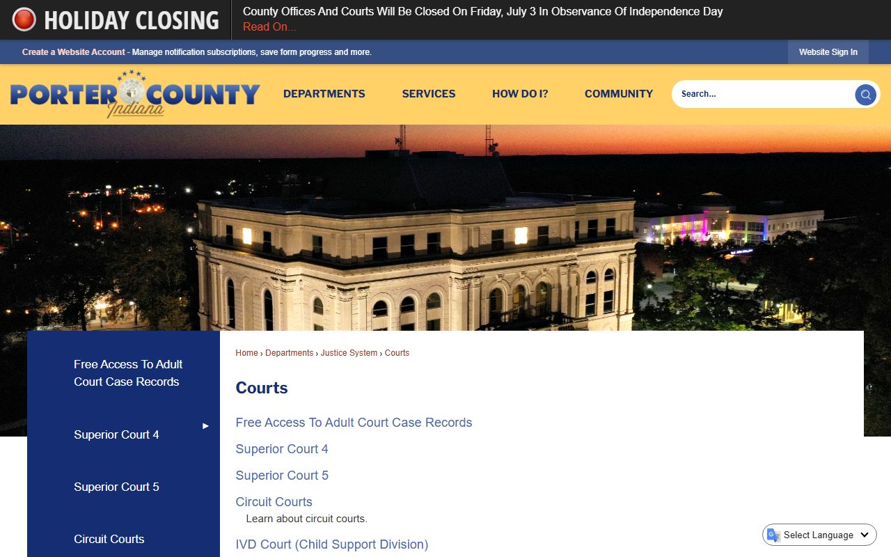 Porter County court records courts landing page
