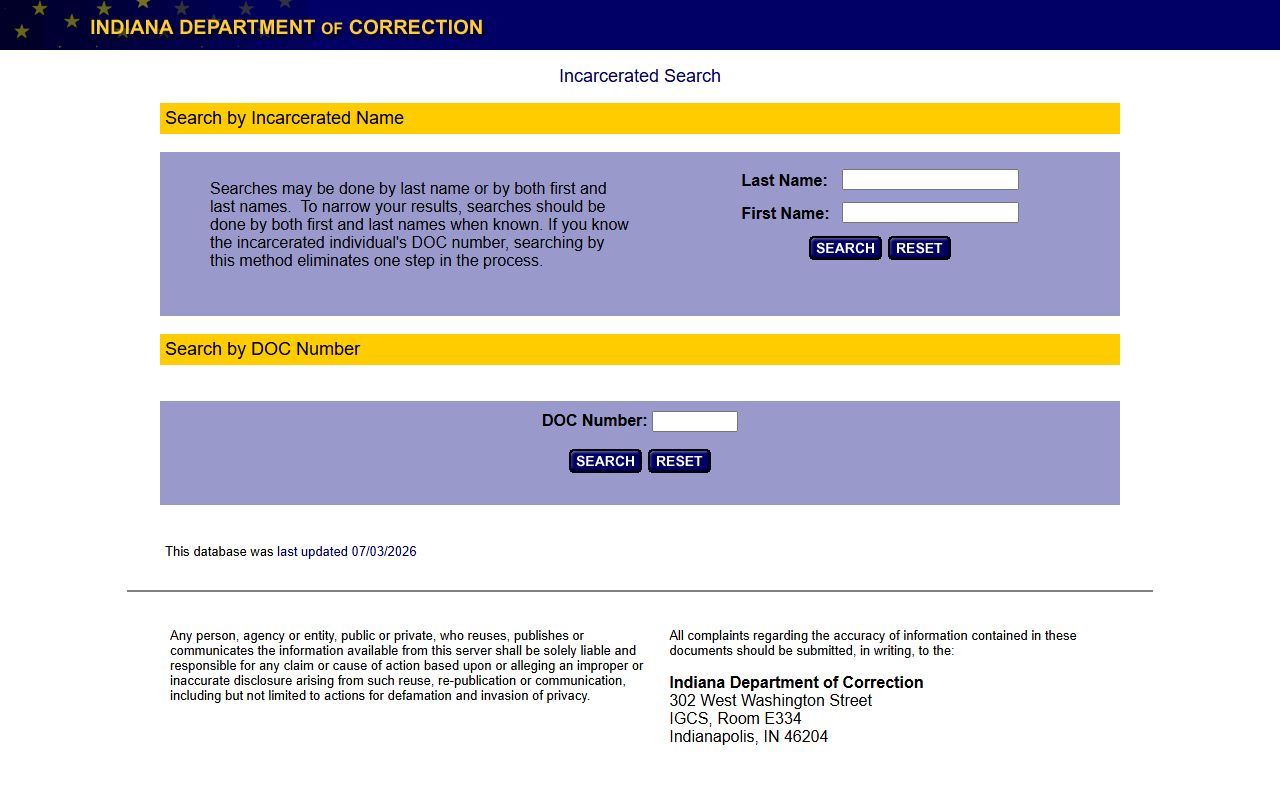 Porter County inmate records Indiana DOC incarcerated search