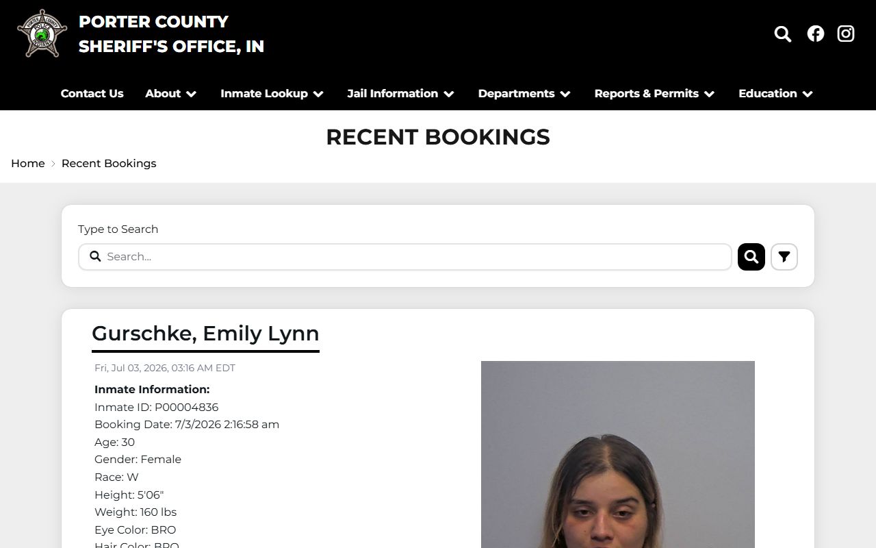 Porter County inmate records recent bookings page