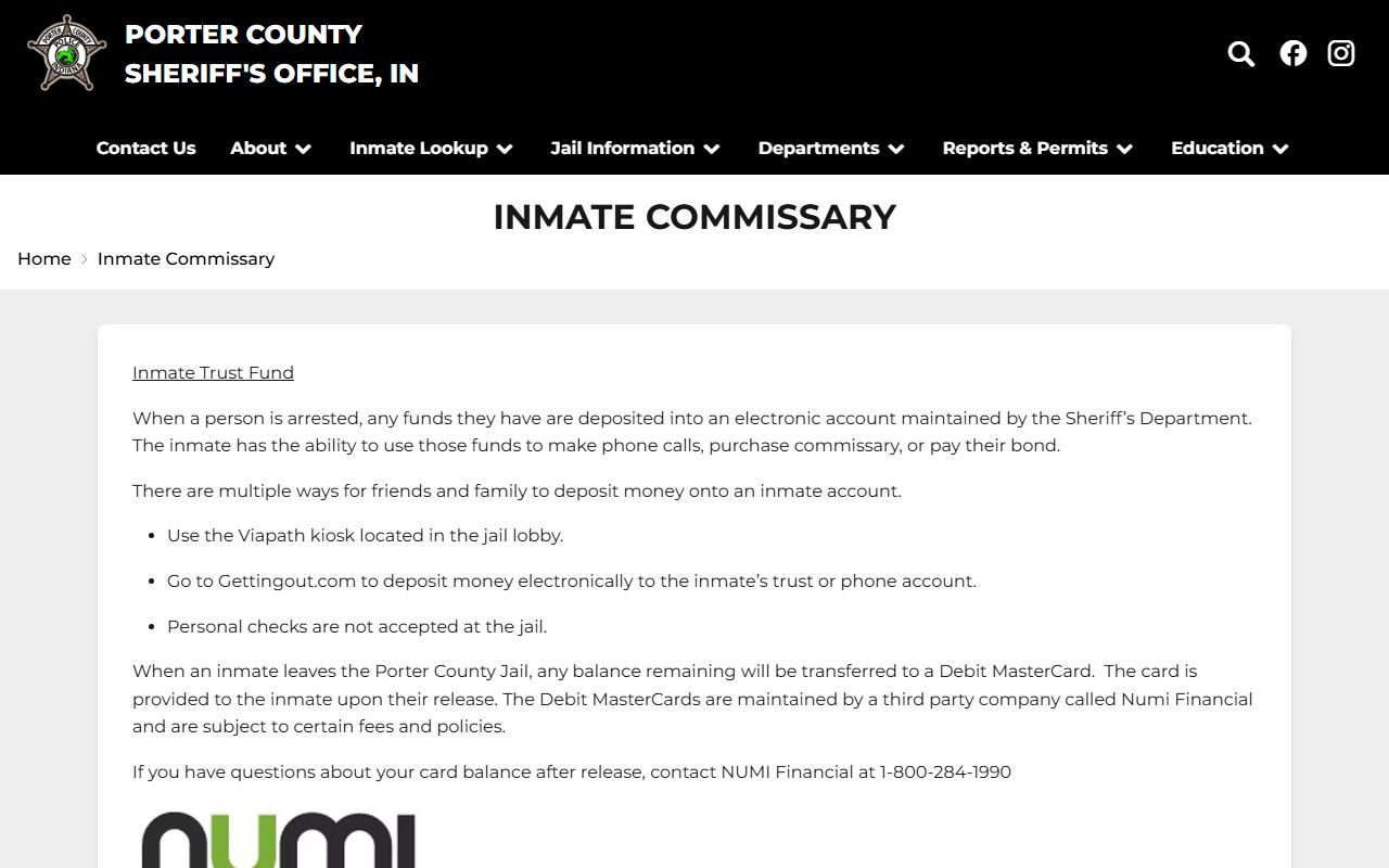 Porter County inmate records Sheriff inmate commissary page