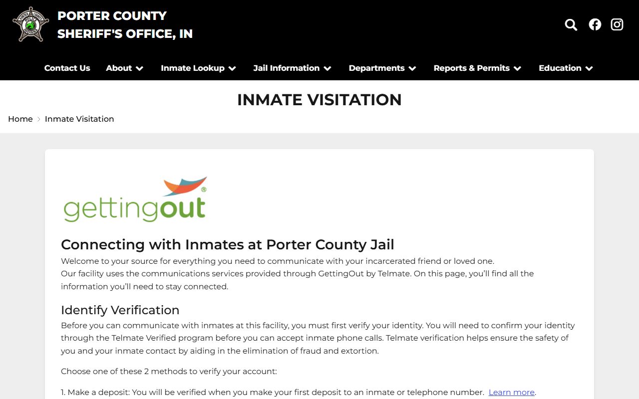 Porter County inmate records Sheriff inmate visitation page