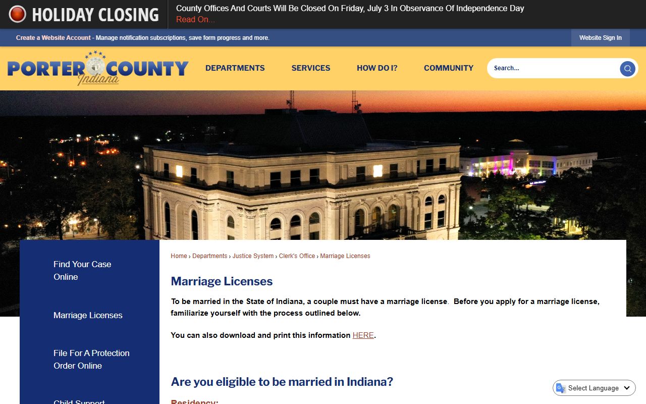 Porter County marriage and divorce records marriage license instructions