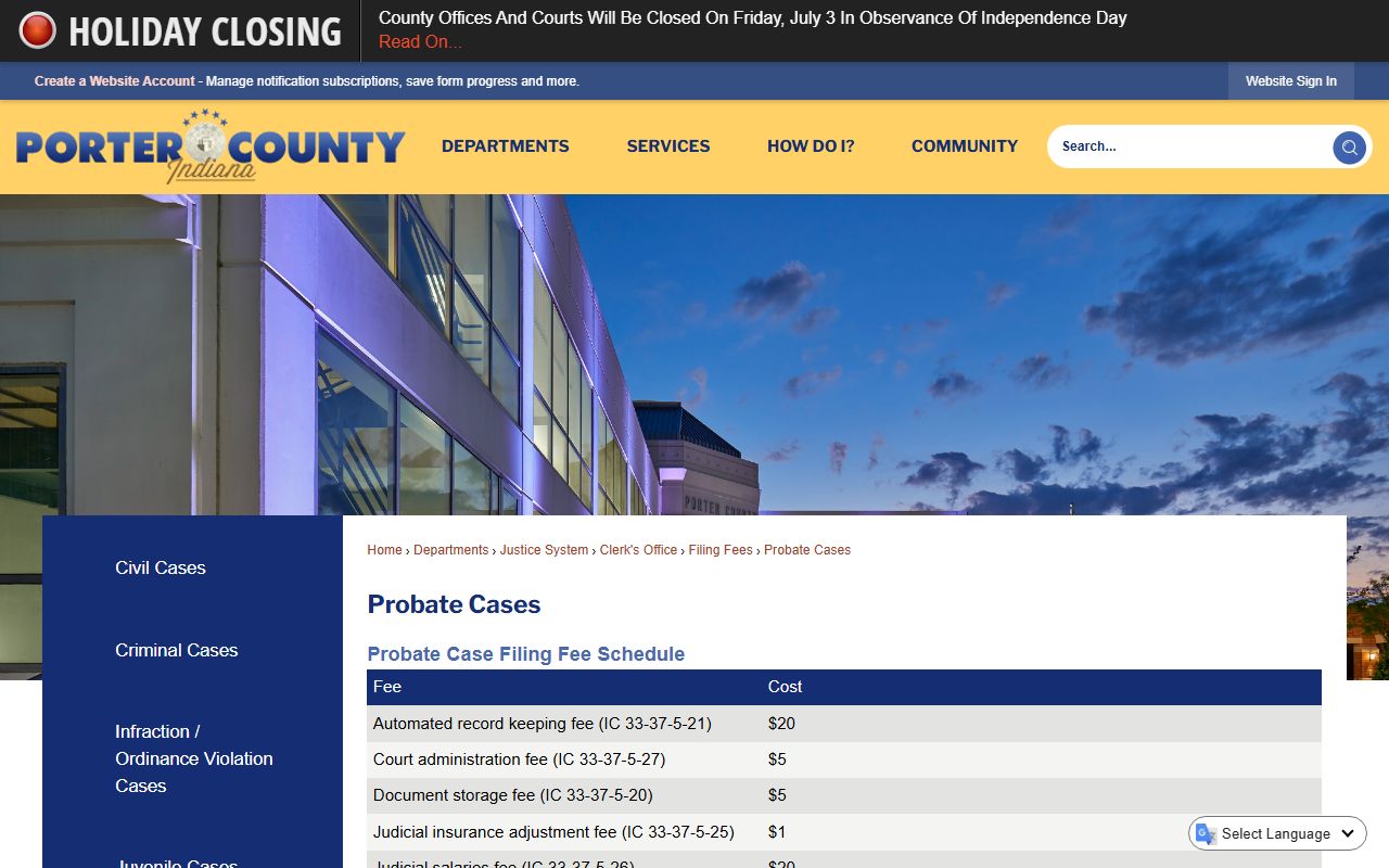Porter County probate records probate fee page