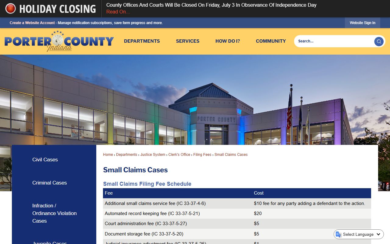 Porter County traffic court records county fee schedule example