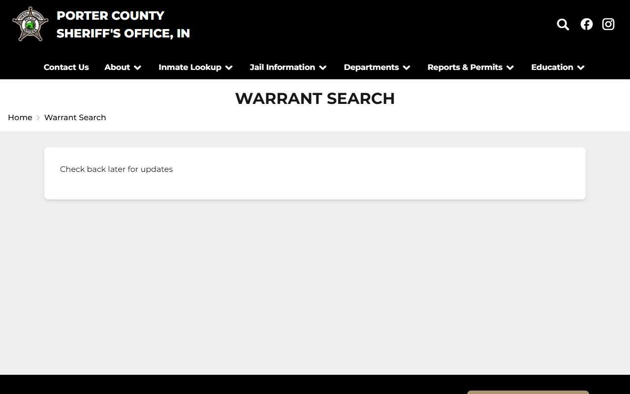 Porter County warrant search official Sheriff warrant page