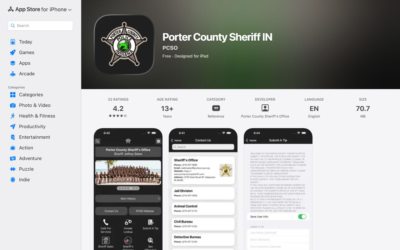 Porter County warrant records Sheriff Apple app listing